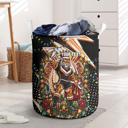 Personalized Wests Tigers Rugby Christmas Laundry Basket Holiday Mascot Graphic Art Festive Lights Bow
