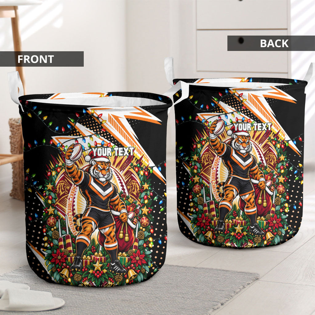 Personalized Wests Tigers Rugby Christmas Laundry Basket Holiday Mascot Graphic Art Festive Lights Bow