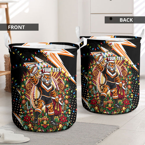 Personalized Wests Tigers Rugby Christmas Laundry Basket Holiday Mascot Graphic Art Festive Lights Bow