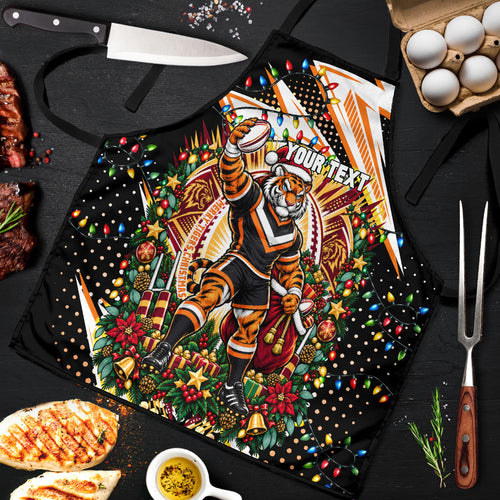 Personalized Wests Tigers Rugby Christmas Apron Holiday Mascot Graphic Art Festive Lights Bow