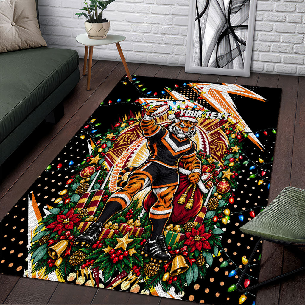 Personalized Wests Tigers Rugby Christmas Area Rug Holiday Mascot Graphic Art Festive Lights Bow