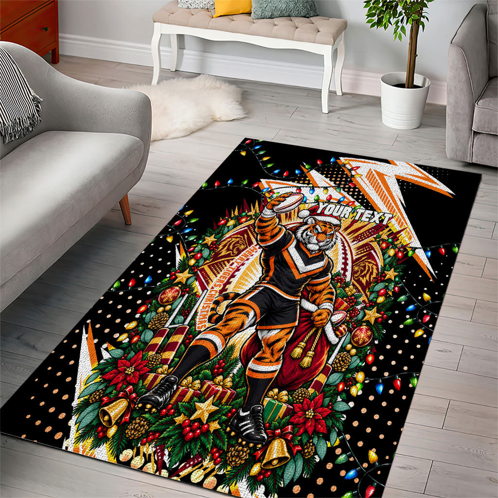 Personalized Wests Tigers Rugby Christmas Area Rug Holiday Mascot Graphic Art Festive Lights Bow