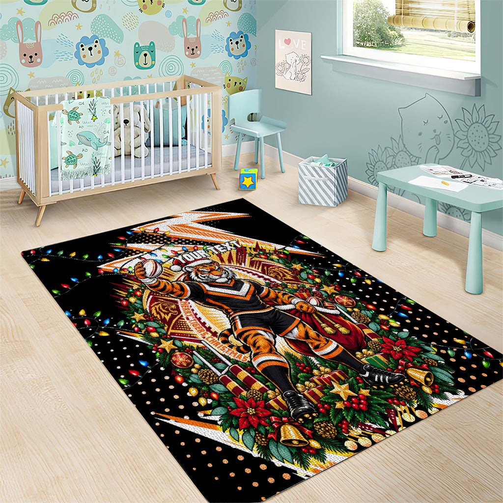 Personalized Wests Tigers Rugby Christmas Area Rug Holiday Mascot Graphic Art Festive Lights Bow