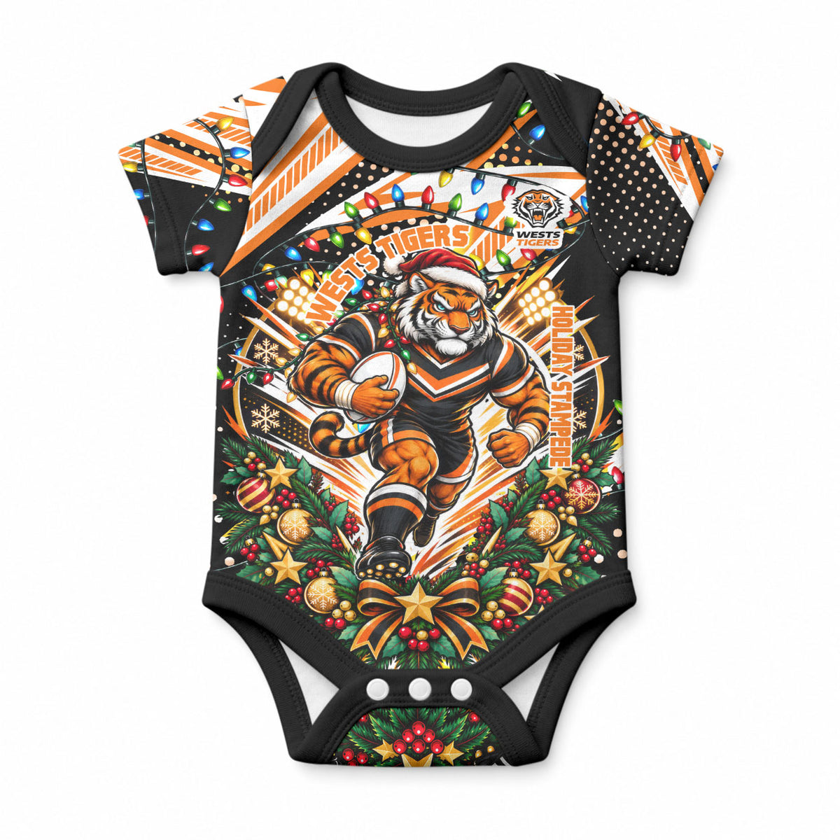 Personalized Wests Tigers Rugby Christmas Baby Onesie Holiday Mascot Graphic Art Festive Lights Bow