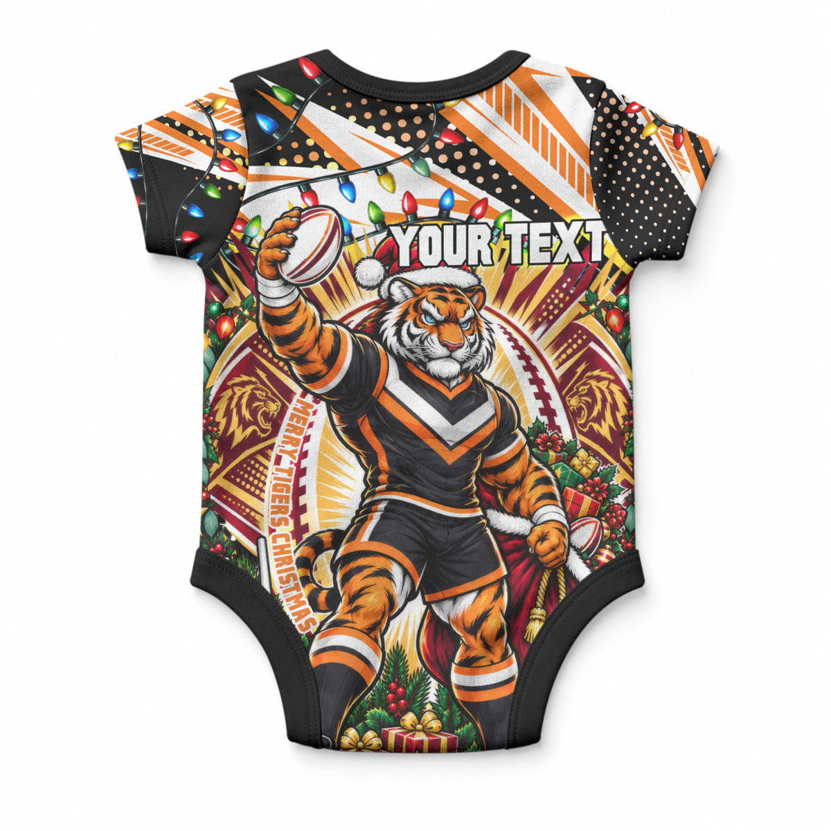 Personalized Wests Tigers Rugby Christmas Baby Onesie Holiday Mascot Graphic Art Festive Lights Bow