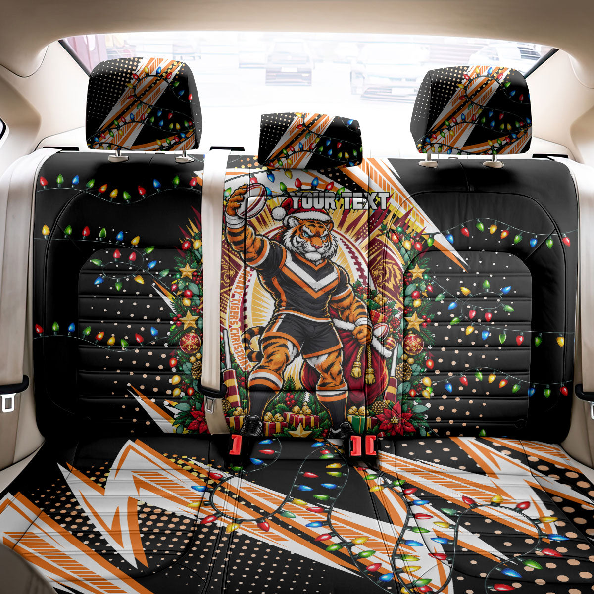 Personalized Wests Tigers Rugby Christmas Back Car Seat Cover Holiday Mascot Graphic Art Festive Lights Bow