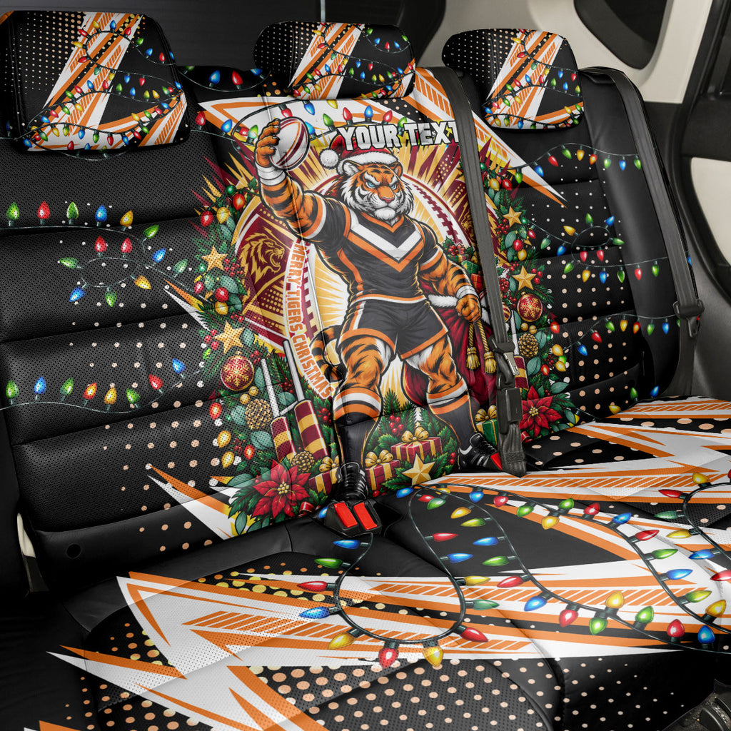 Personalized Wests Tigers Rugby Christmas Back Car Seat Cover Holiday Mascot Graphic Art Festive Lights Bow