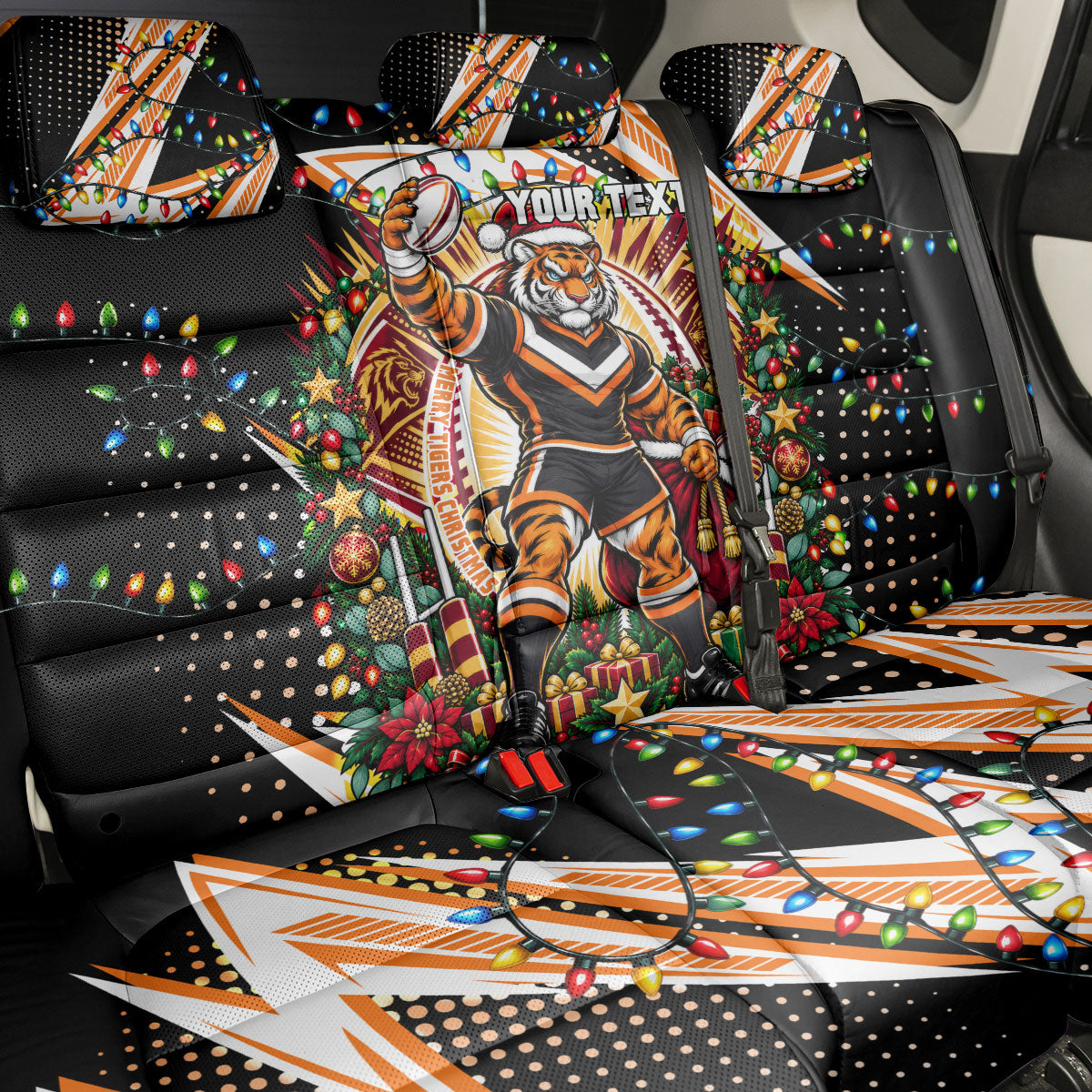 Personalized Wests Tigers Rugby Christmas Back Car Seat Cover Holiday Mascot Graphic Art Festive Lights Bow