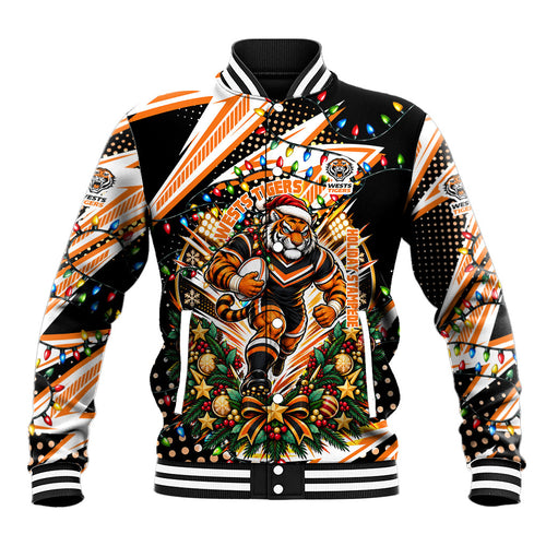 Personalized Wests Tigers Rugby Christmas Baseball Jacket Holiday Mascot Graphic Art Festive Lights Bow