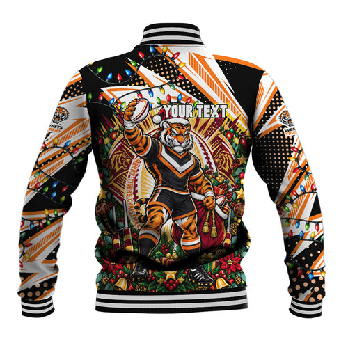 Personalized Wests Tigers Rugby Christmas Baseball Jacket Holiday Mascot Graphic Art Festive Lights Bow