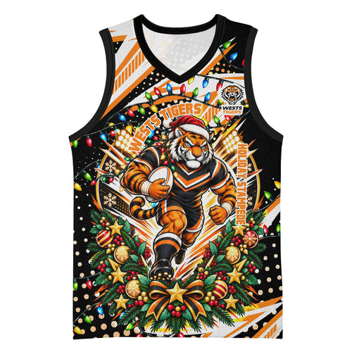 Personalized Wests Tigers Rugby Christmas Basketball Jersey Holiday Mascot Graphic Art Festive Lights Bow