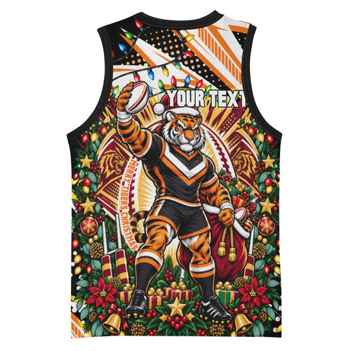 Personalized Wests Tigers Rugby Christmas Basketball Jersey Holiday Mascot Graphic Art Festive Lights Bow