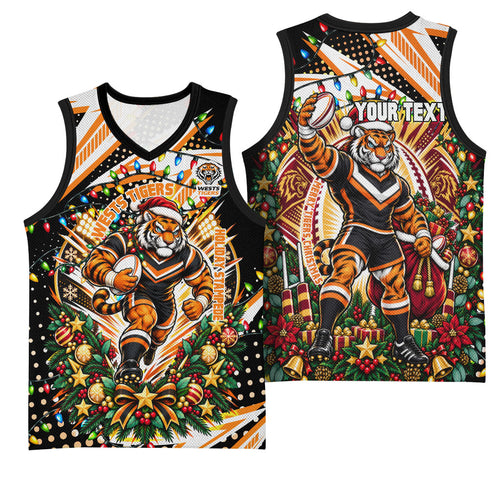 Personalized Wests Tigers Rugby Christmas Basketball Jersey Holiday Mascot Graphic Art Festive Lights Bow