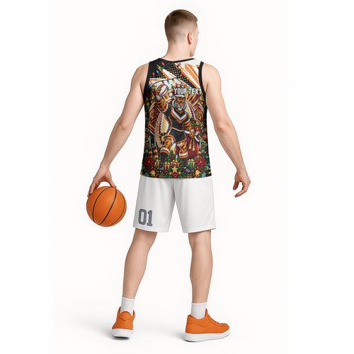 Personalized Wests Tigers Rugby Christmas Basketball Jersey Holiday Mascot Graphic Art Festive Lights Bow