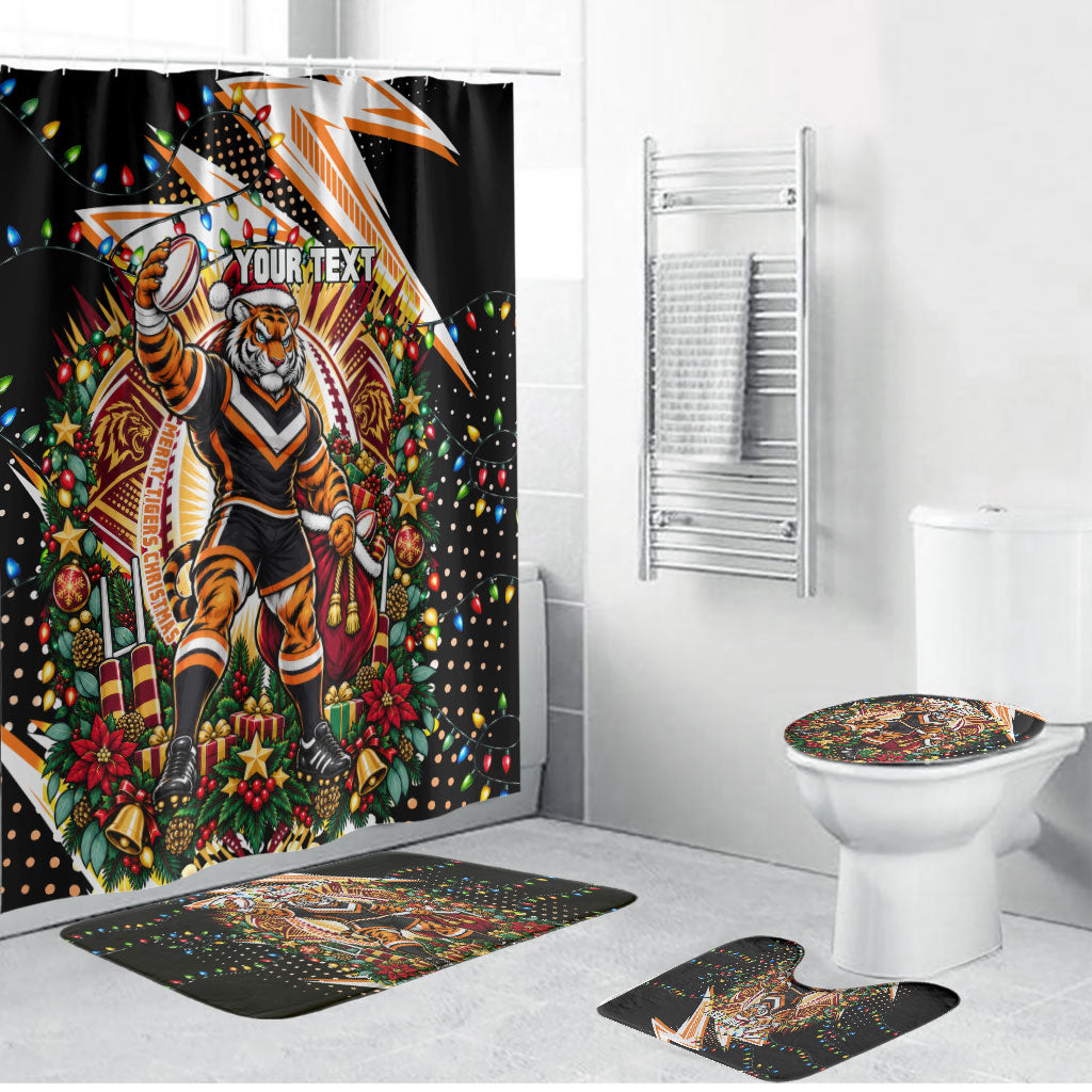 Personalized Wests Tigers Rugby Christmas Bathroom Set Holiday Mascot Graphic Art Festive Lights Bow