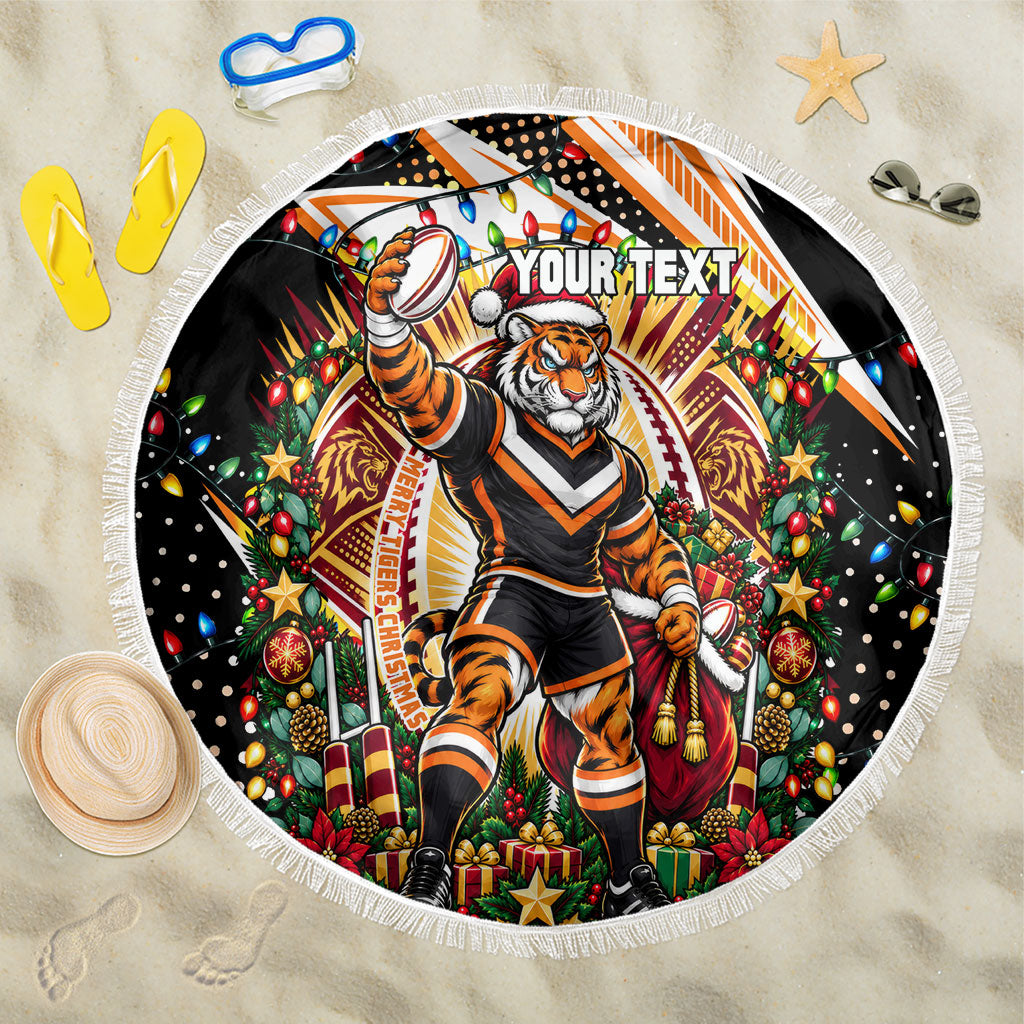 Personalized Wests Tigers Rugby Christmas Beach Blanket Holiday Mascot Graphic Art Festive Lights Bow