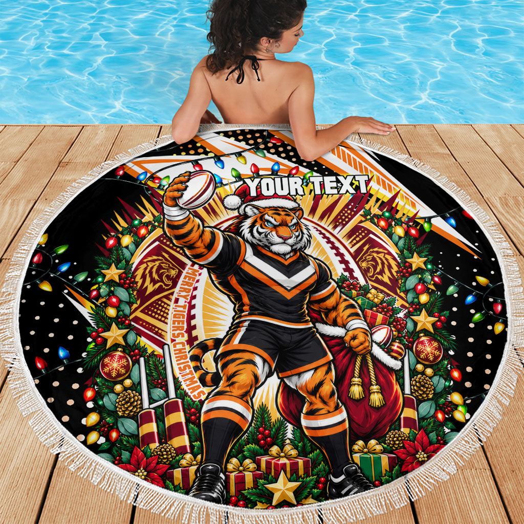 Personalized Wests Tigers Rugby Christmas Beach Blanket Holiday Mascot Graphic Art Festive Lights Bow