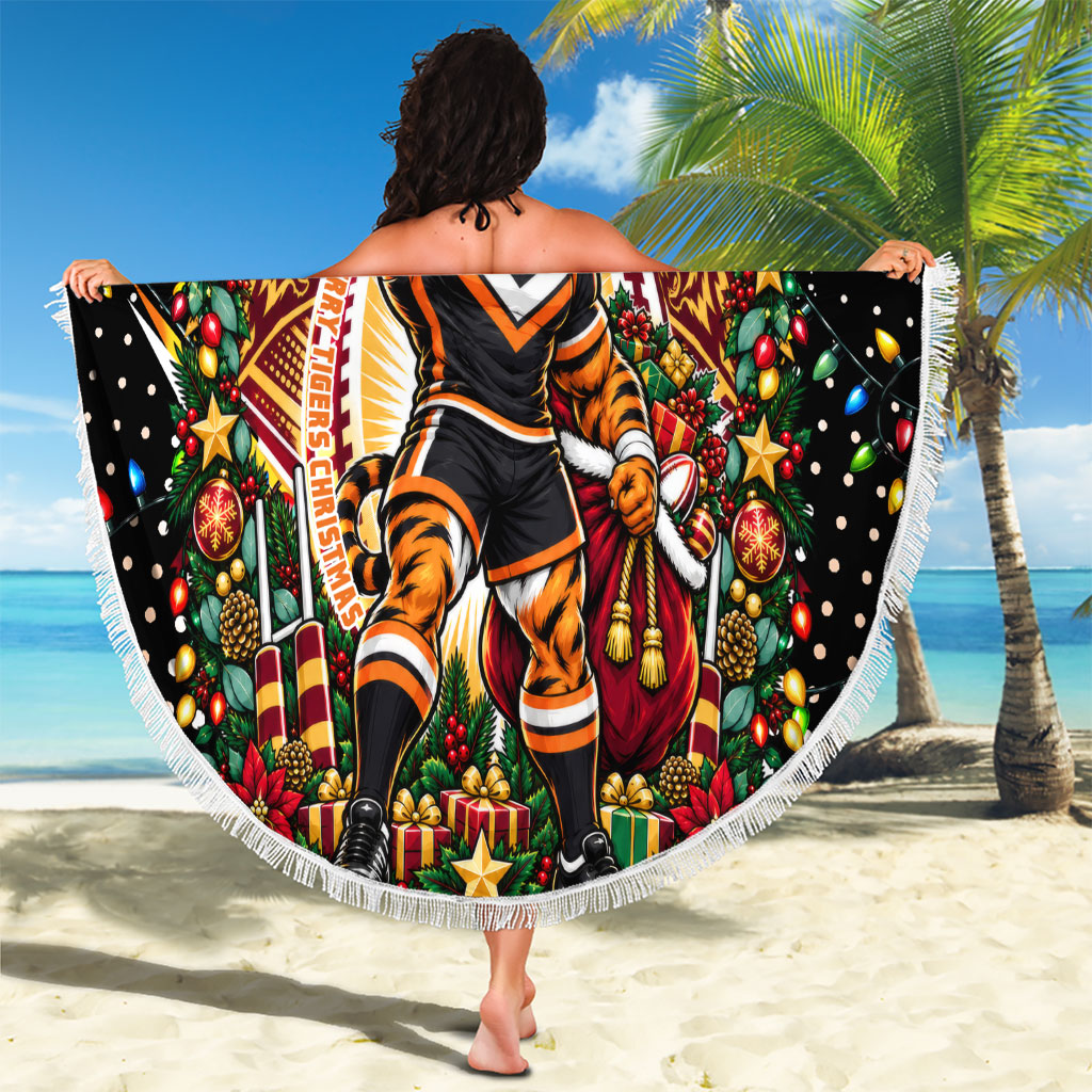 Personalized Wests Tigers Rugby Christmas Beach Blanket Holiday Mascot Graphic Art Festive Lights Bow