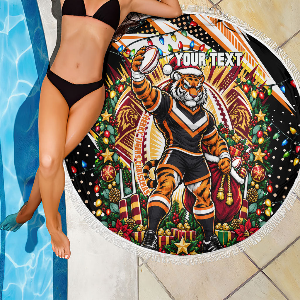Personalized Wests Tigers Rugby Christmas Beach Blanket Holiday Mascot Graphic Art Festive Lights Bow