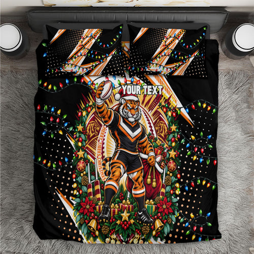 Personalized Wests Tigers Rugby Christmas Bedding Set Holiday Mascot Graphic Art Festive Lights Bow