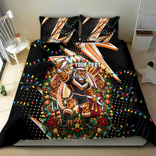 Personalized Wests Tigers Rugby Christmas Bedding Set Holiday Mascot Graphic Art Festive Lights Bow