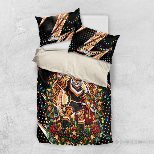 Personalized Wests Tigers Rugby Christmas Bedding Set Holiday Mascot Graphic Art Festive Lights Bow