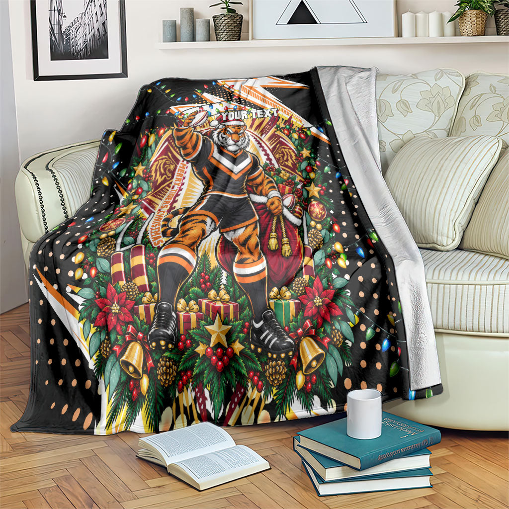 Personalized Wests Tigers Rugby Christmas Blanket Holiday Mascot Graphic Art Festive Lights Bow