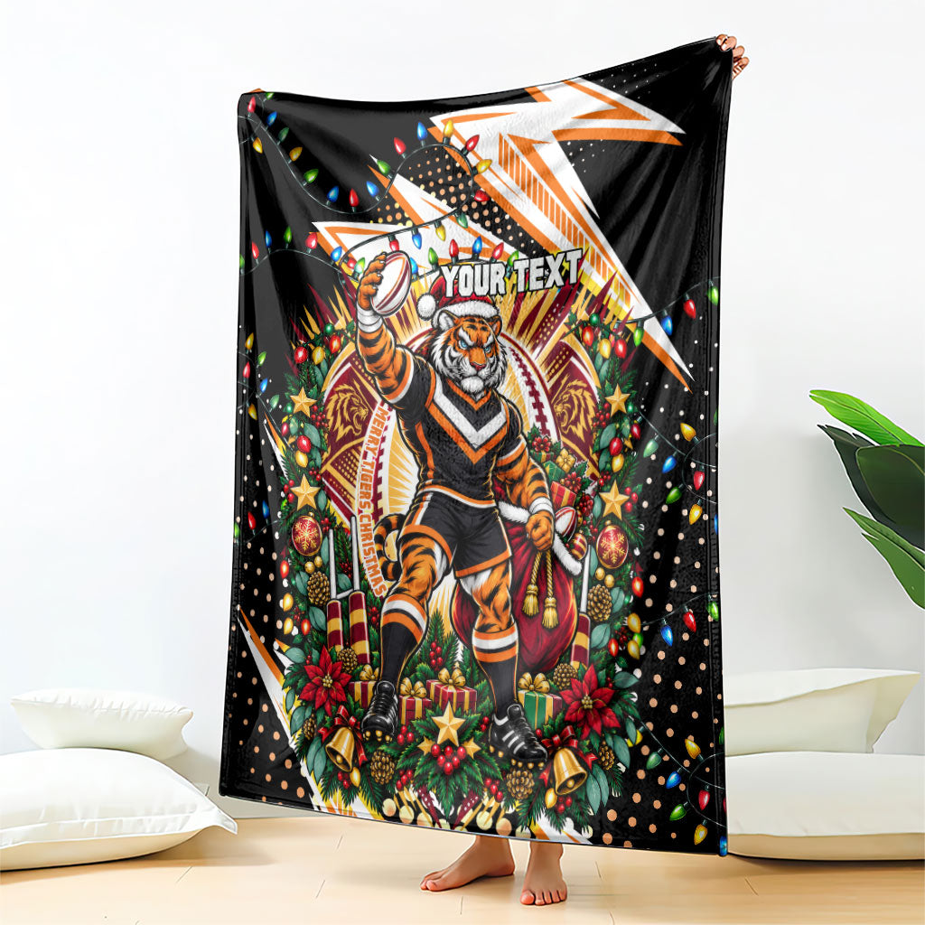 Personalized Wests Tigers Rugby Christmas Blanket Holiday Mascot Graphic Art Festive Lights Bow