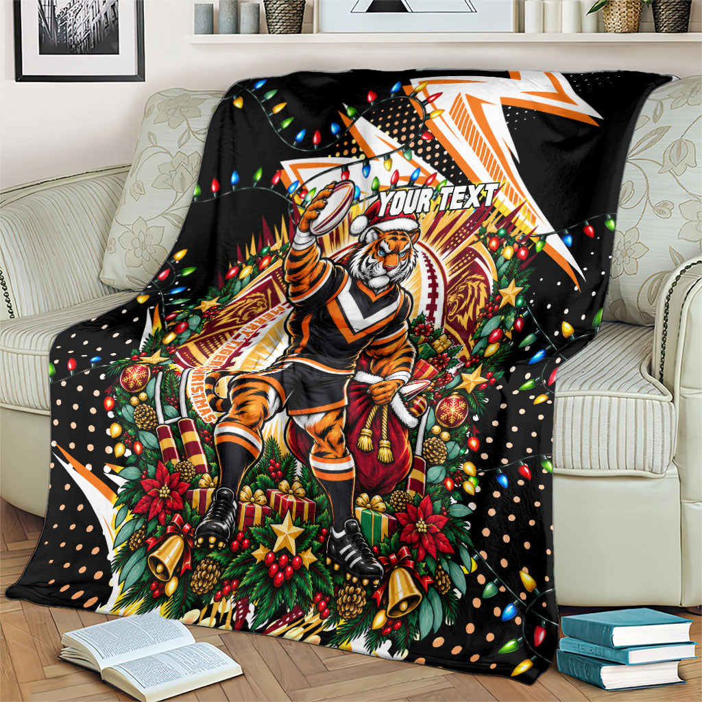 Personalized Wests Tigers Rugby Christmas Blanket Holiday Mascot Graphic Art Festive Lights Bow