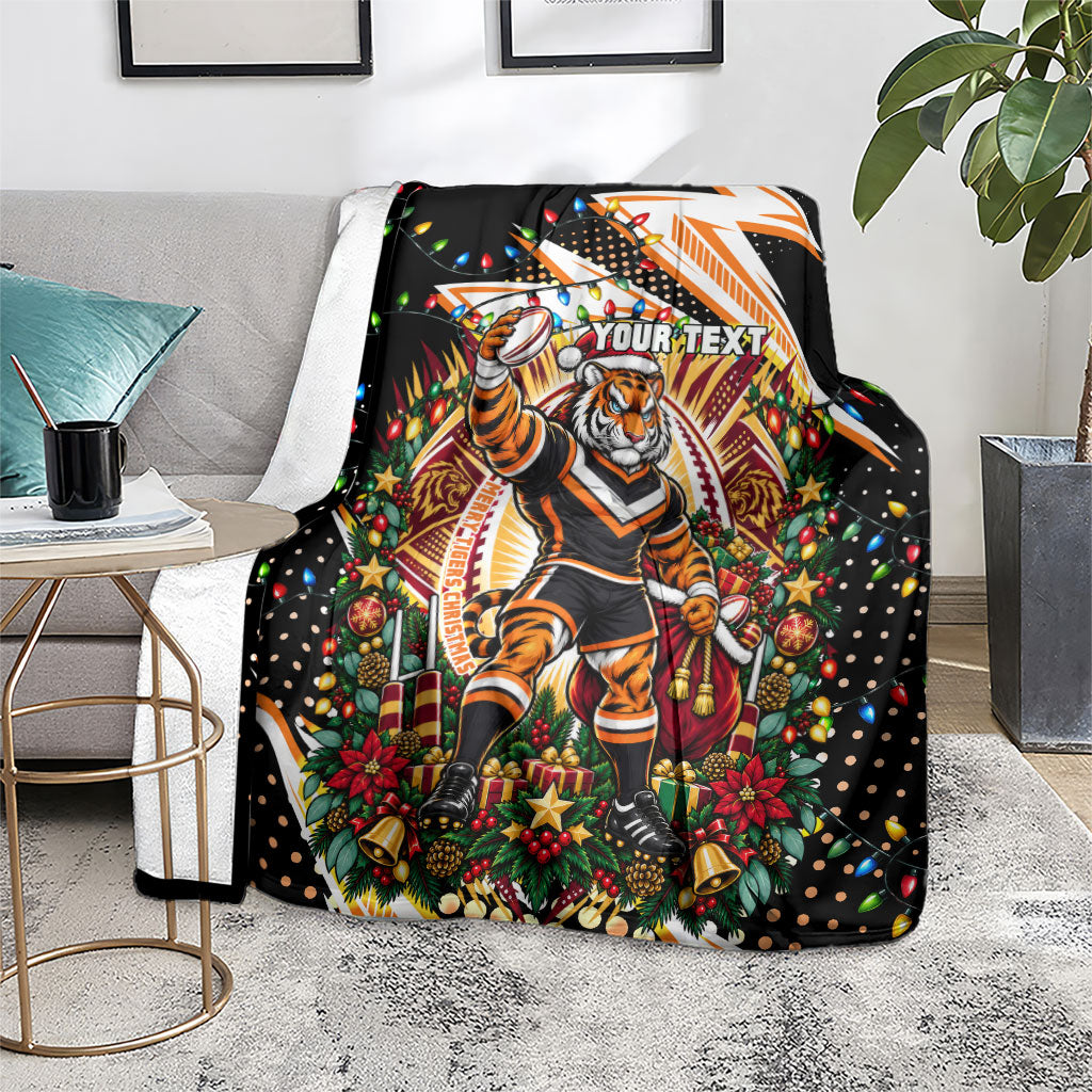 Personalized Wests Tigers Rugby Christmas Blanket Holiday Mascot Graphic Art Festive Lights Bow