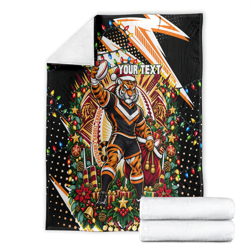 Personalized Wests Tigers Rugby Christmas Blanket Holiday Mascot Graphic Art Festive Lights Bow