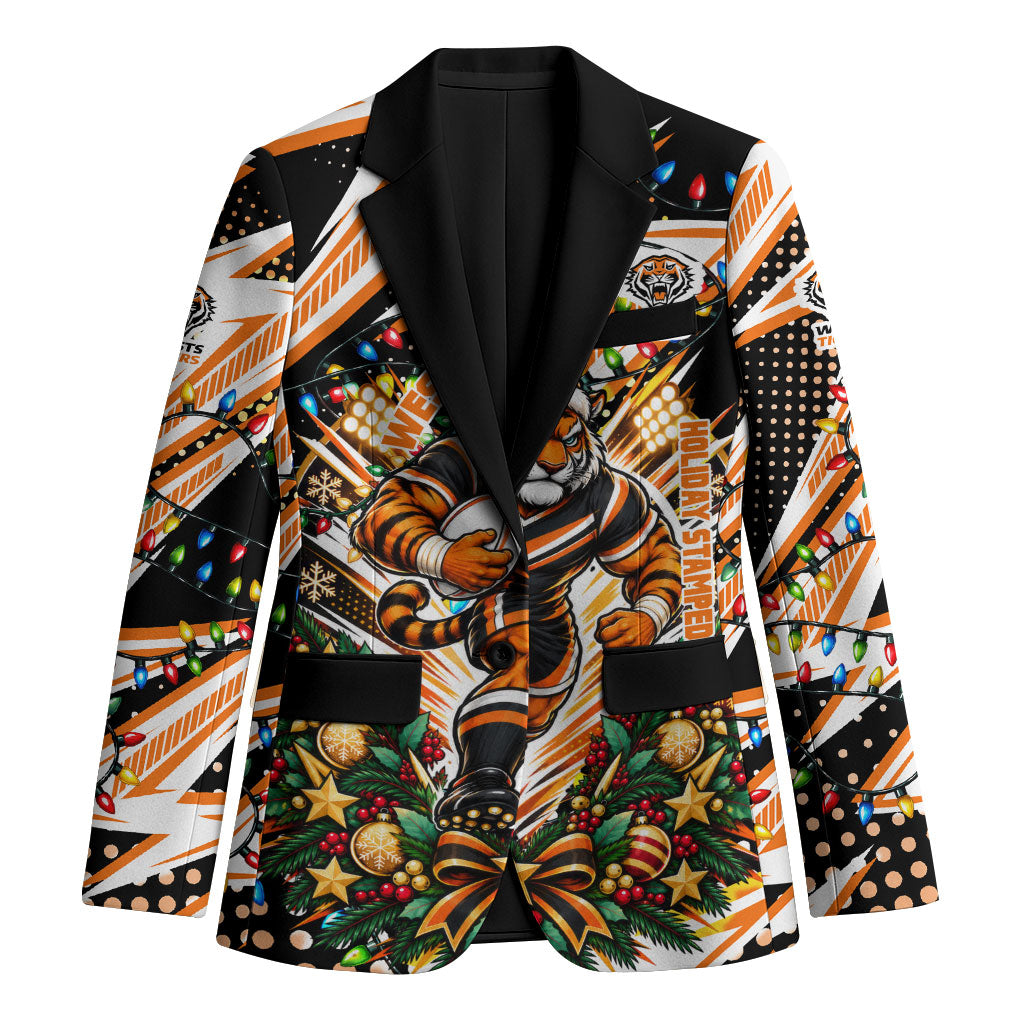 Personalized Wests Tigers Rugby Christmas Blazer Holiday Mascot Graphic Art Festive Lights Bow
