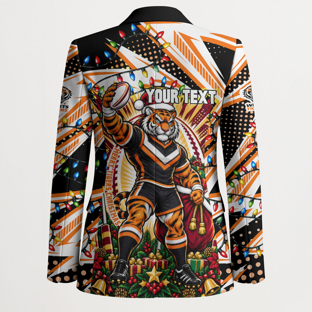 Personalized Wests Tigers Rugby Christmas Blazer Holiday Mascot Graphic Art Festive Lights Bow