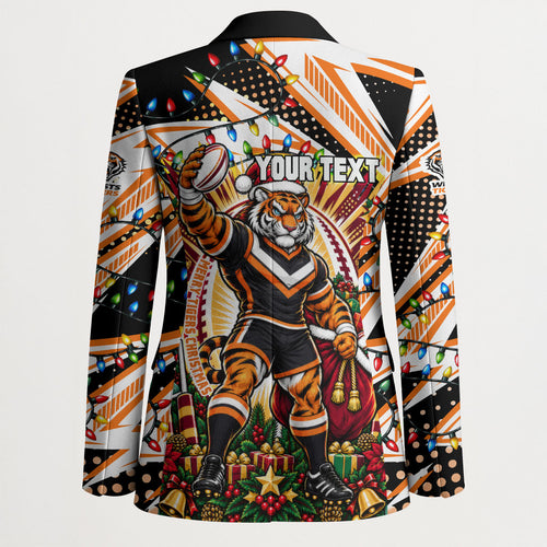 Personalized Wests Tigers Rugby Christmas Blazer Holiday Mascot Graphic Art Festive Lights Bow