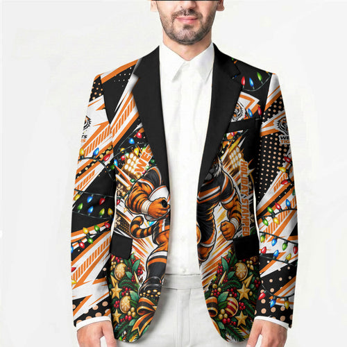 Personalized Wests Tigers Rugby Christmas Blazer Holiday Mascot Graphic Art Festive Lights Bow