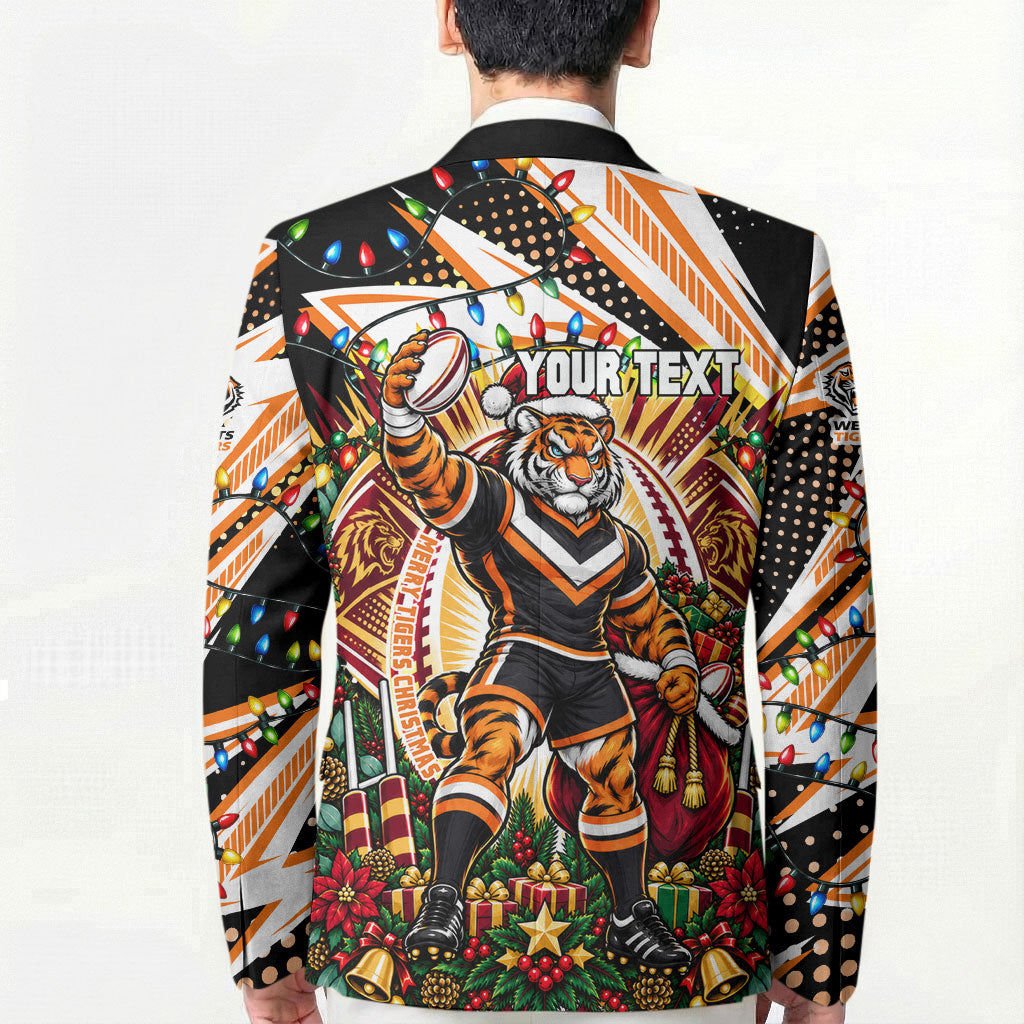 Personalized Wests Tigers Rugby Christmas Blazer Holiday Mascot Graphic Art Festive Lights Bow