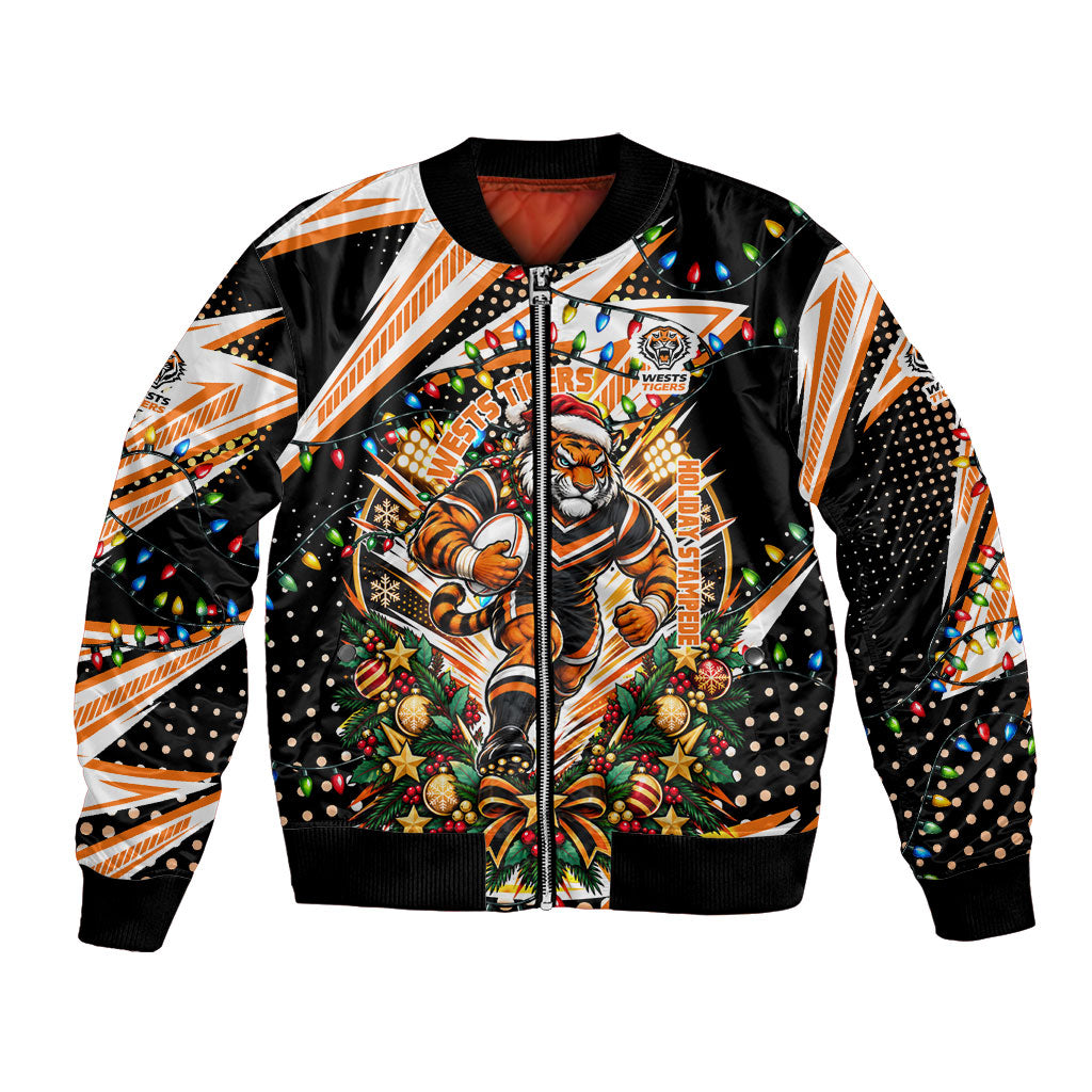 Personalized Wests Tigers Rugby Christmas Bomber Jacket Holiday Mascot Graphic Art Festive Lights Bow