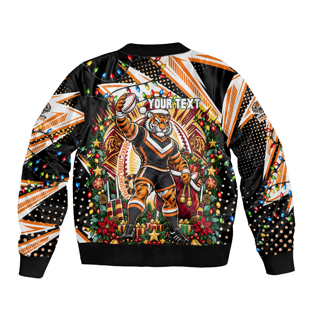 Personalized Wests Tigers Rugby Christmas Bomber Jacket Holiday Mascot Graphic Art Festive Lights Bow