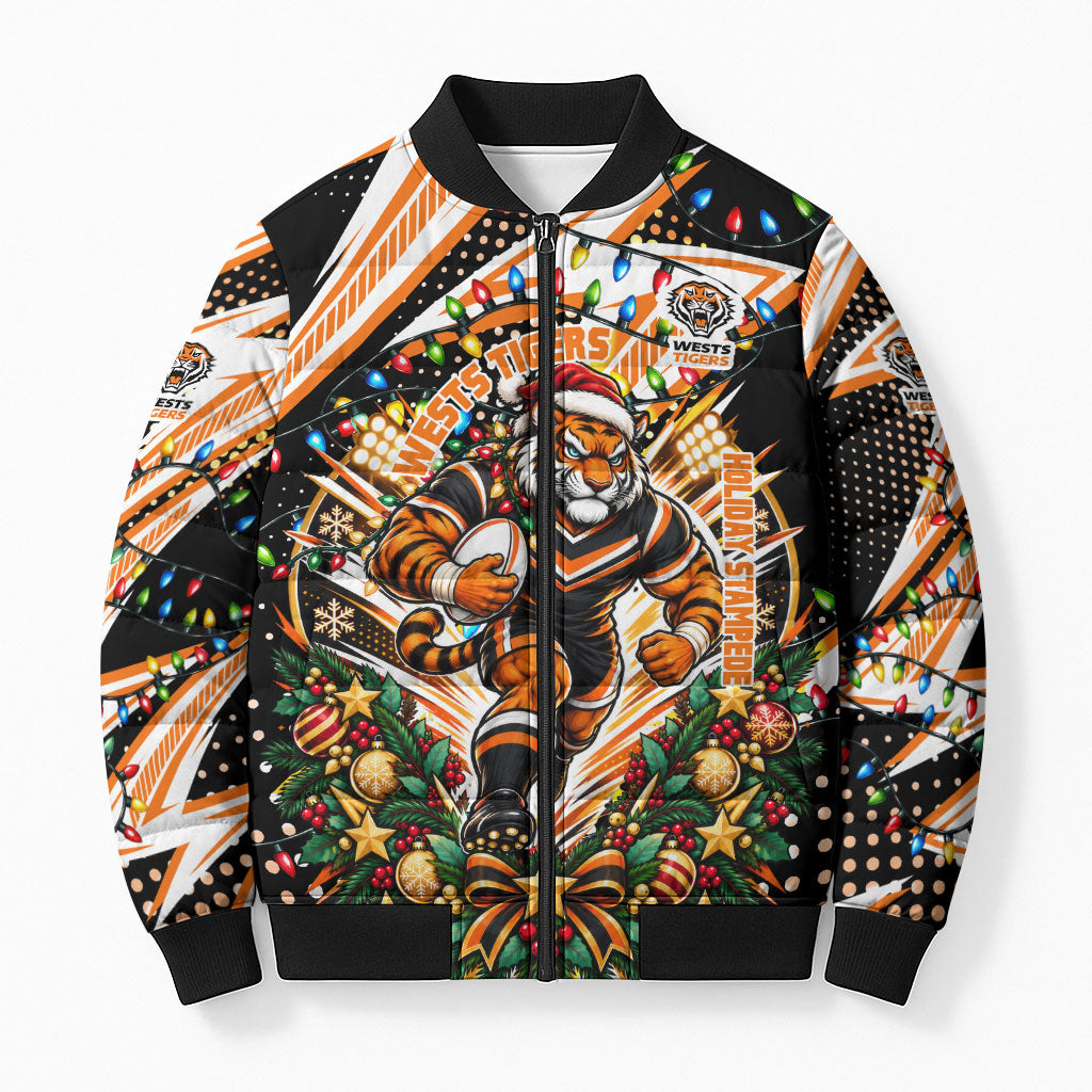 Personalized Wests Tigers Rugby Christmas Bomber Puffer Jacket Holiday Mascot Graphic Art Festive Lights Bow
