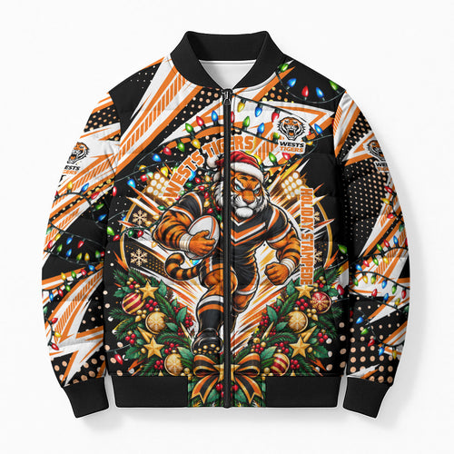 Personalized Wests Tigers Rugby Christmas Bomber Puffer Jacket Holiday Mascot Graphic Art Festive Lights Bow