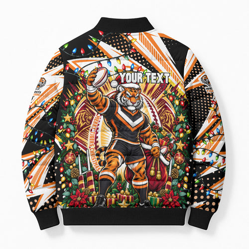 Personalized Wests Tigers Rugby Christmas Bomber Puffer Jacket Holiday Mascot Graphic Art Festive Lights Bow