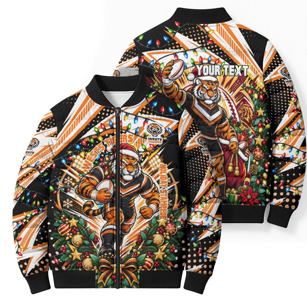 Personalized Wests Tigers Rugby Christmas Bomber Puffer Jacket Holiday Mascot Graphic Art Festive Lights Bow