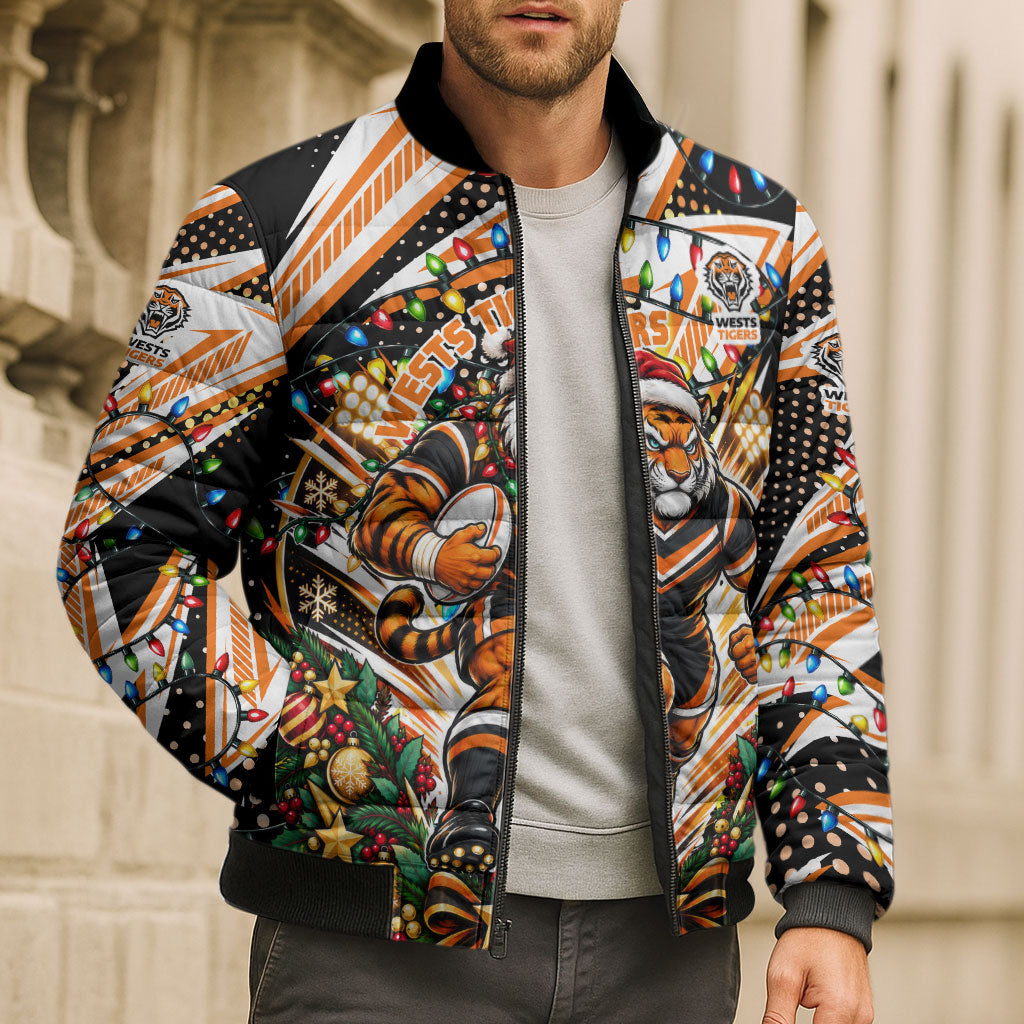 Personalized Wests Tigers Rugby Christmas Bomber Puffer Jacket Holiday Mascot Graphic Art Festive Lights Bow