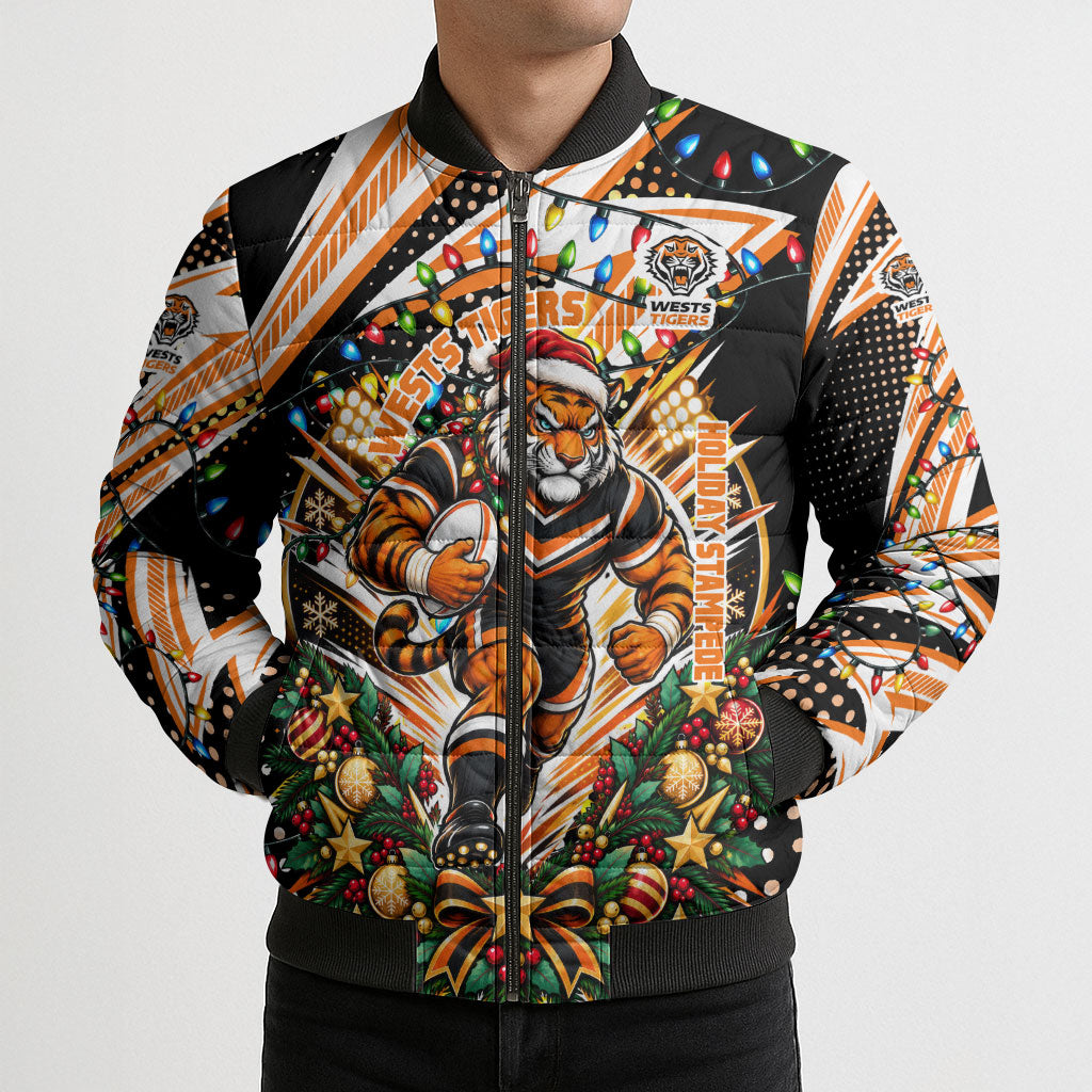 Personalized Wests Tigers Rugby Christmas Bomber Puffer Jacket Holiday Mascot Graphic Art Festive Lights Bow