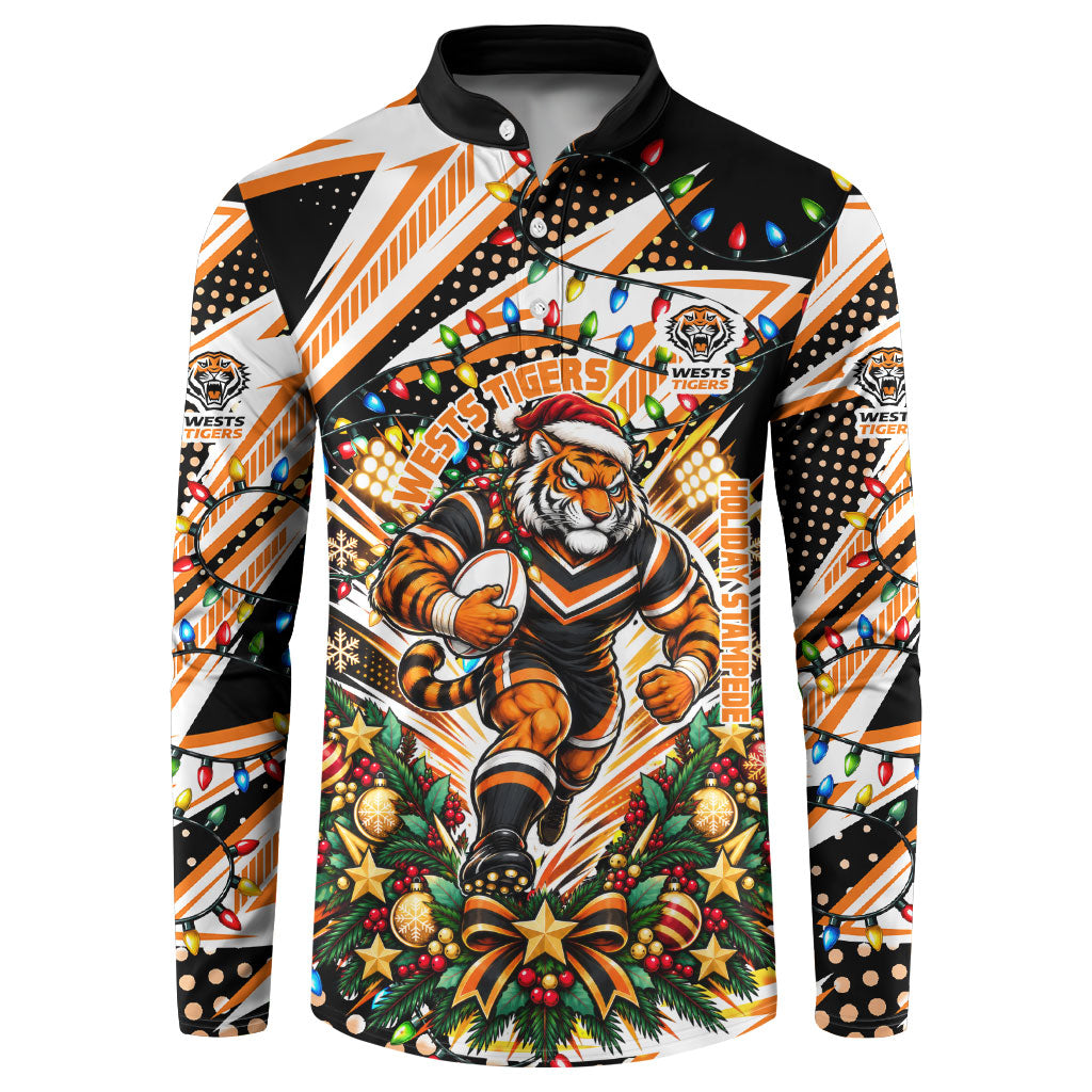 Personalized Wests Tigers Rugby Christmas Button Sweatshirt Holiday Mascot Graphic Art Festive Lights Bow