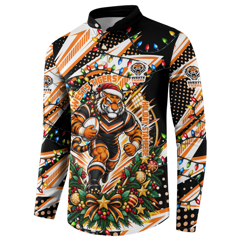 Personalized Wests Tigers Rugby Christmas Button Sweatshirt Holiday Mascot Graphic Art Festive Lights Bow