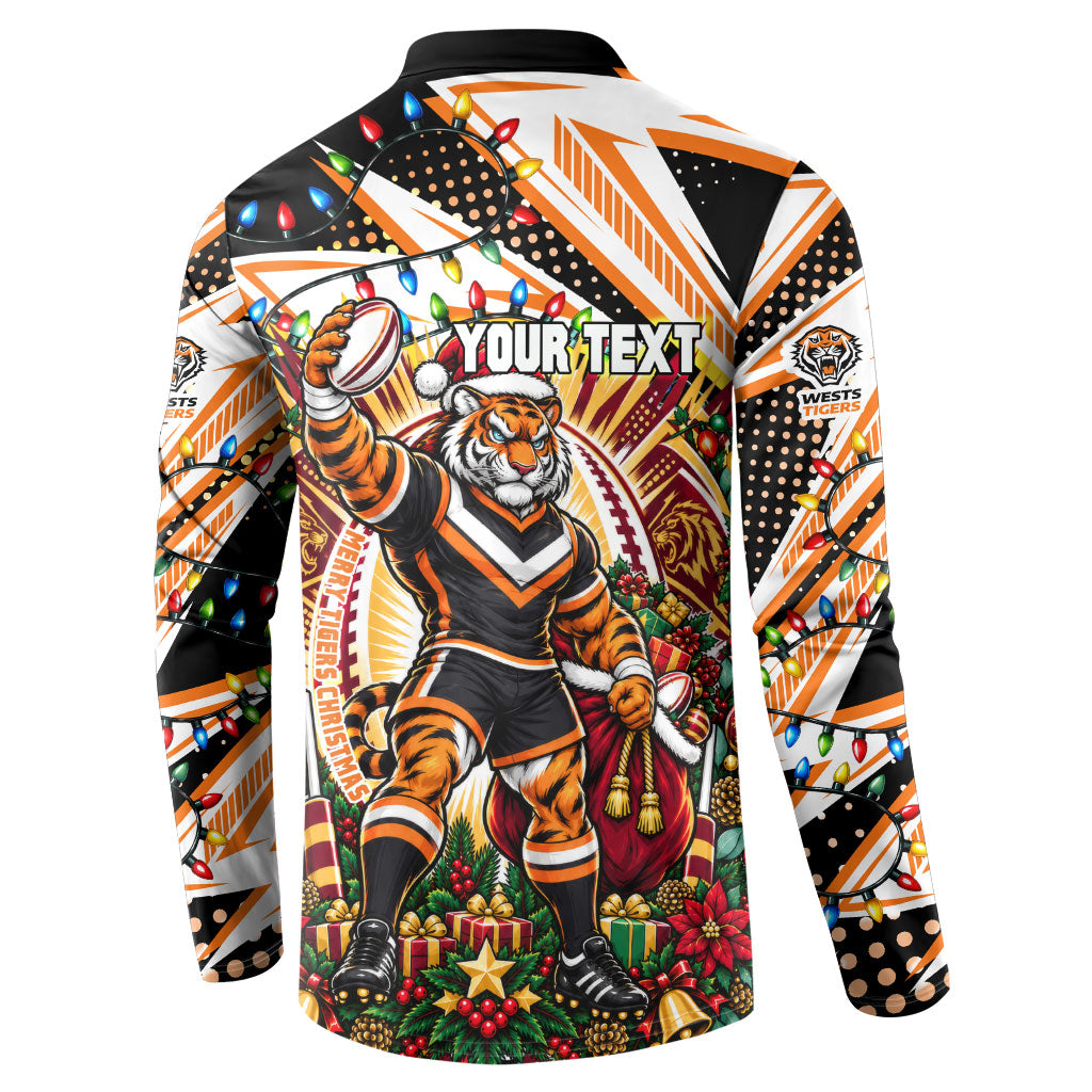 Personalized Wests Tigers Rugby Christmas Button Sweatshirt Holiday Mascot Graphic Art Festive Lights Bow