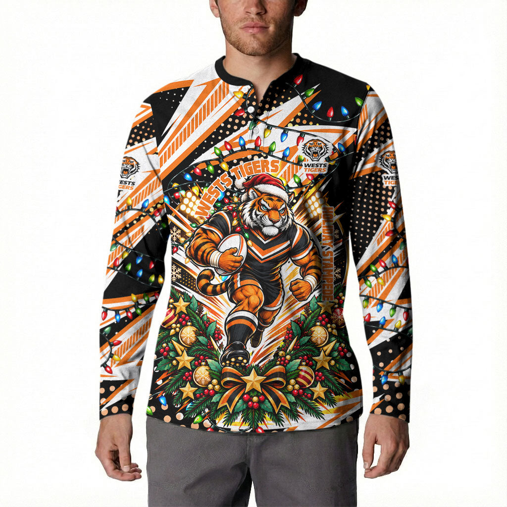 Personalized Wests Tigers Rugby Christmas Button Sweatshirt Holiday Mascot Graphic Art Festive Lights Bow
