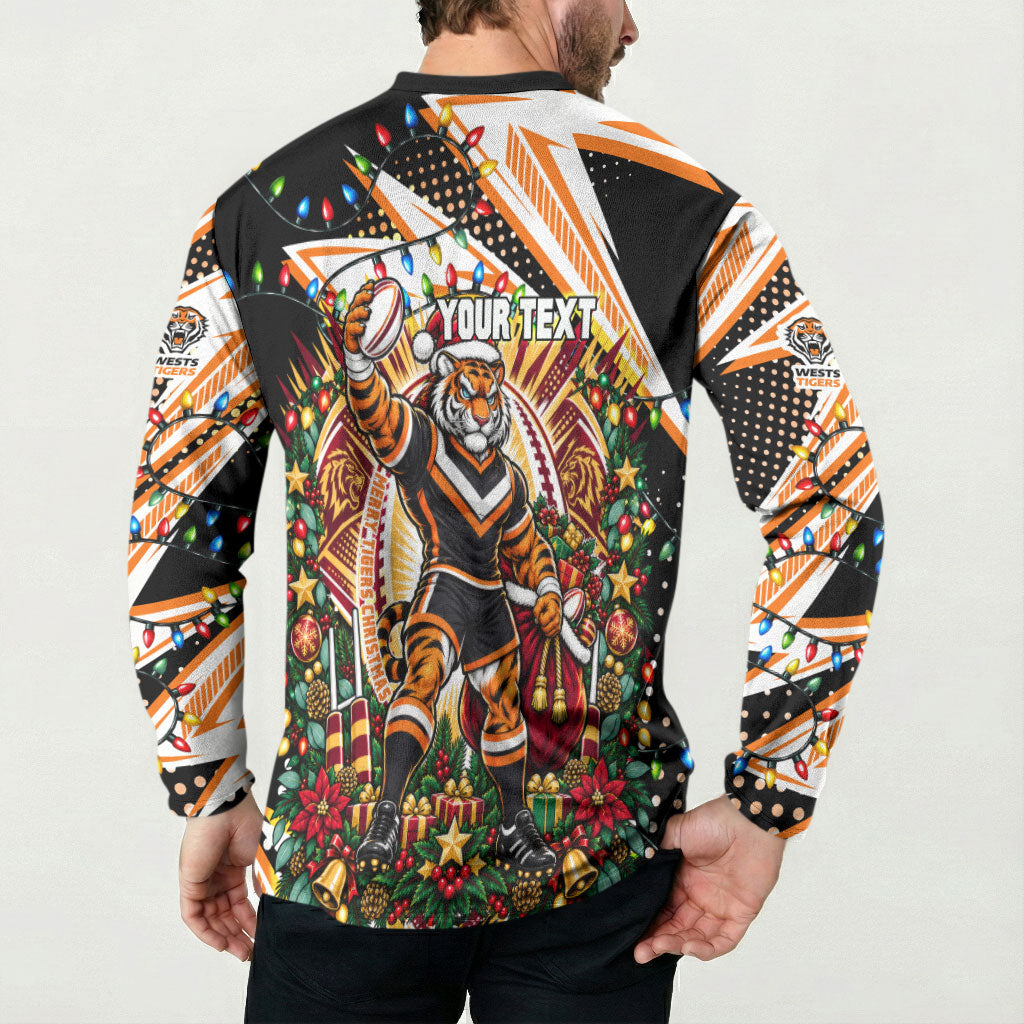 Personalized Wests Tigers Rugby Christmas Button Sweatshirt Holiday Mascot Graphic Art Festive Lights Bow