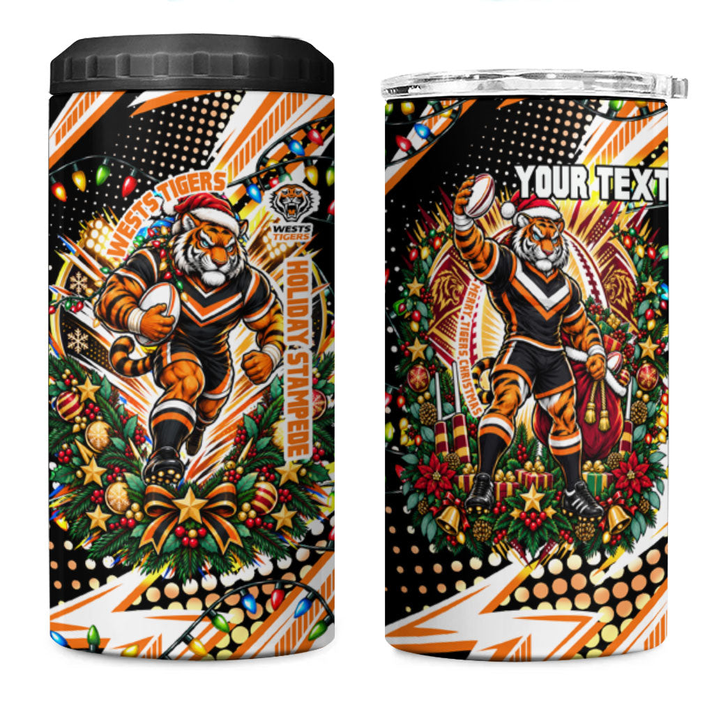 Personalized Wests Tigers Rugby Christmas 4 in 1 Can Cooler Tumbler Holiday Mascot Graphic Art Festive Lights Bow